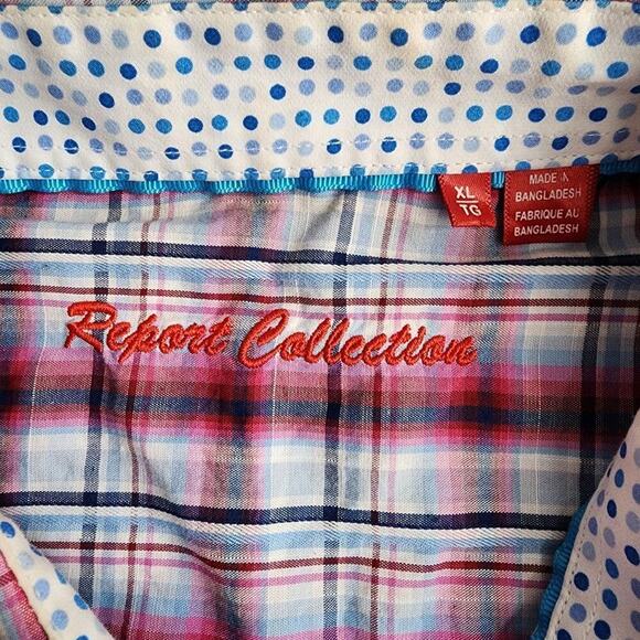 Report Collection Red Blue Plaid Stripe Button Down Short Sleeve Shirt XL - Picture 4 of 4